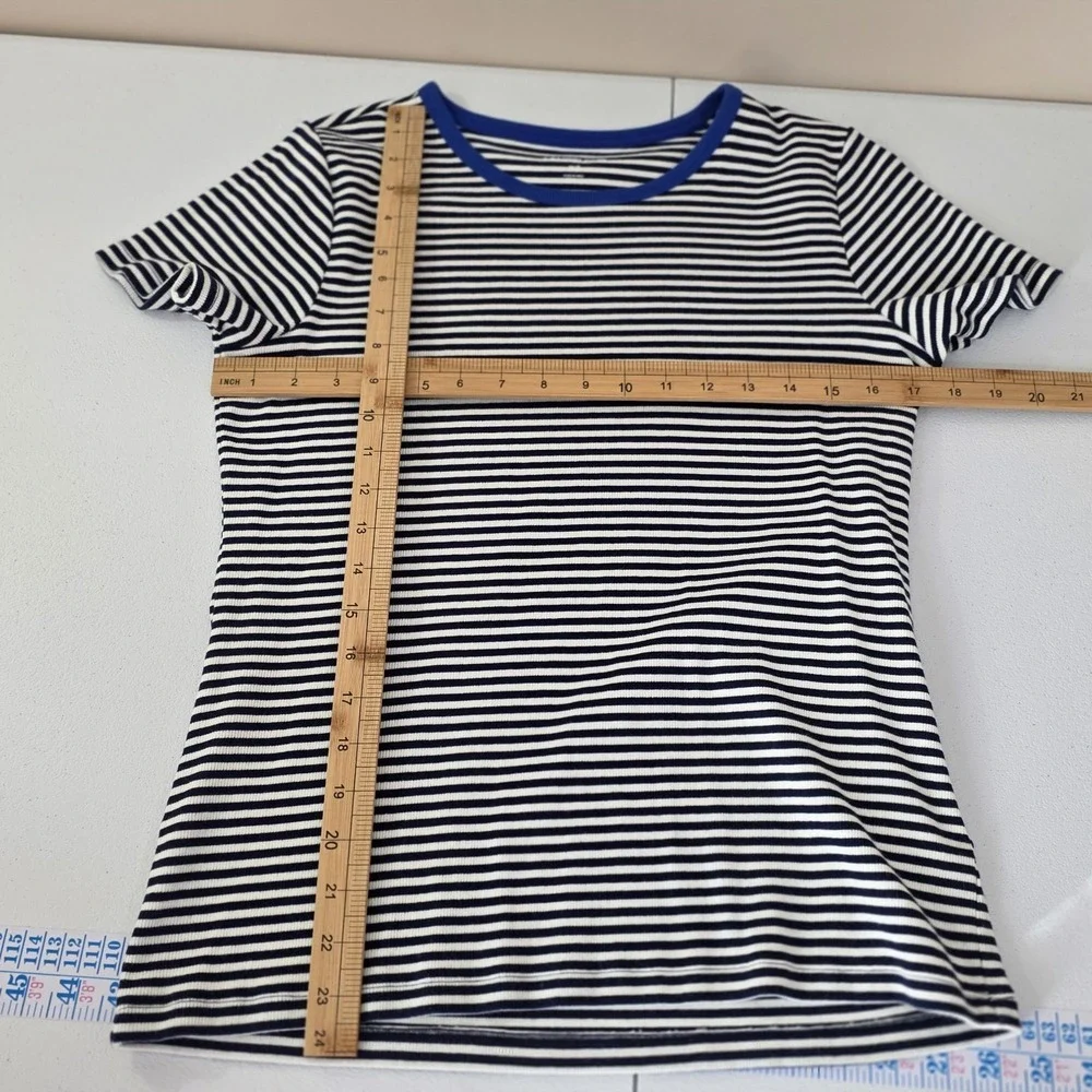 Lands End Casual Tees +‎ Short Set Women Medium Petite Blue Tan Striped Pockets
